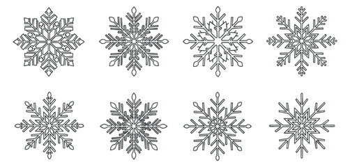 A collection of eight unique snowflake designs in minimalist black outline vector style, perfect for winter-themed decorations and holiday graphics