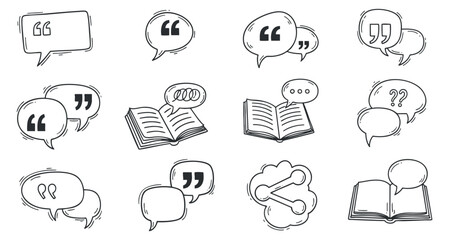 Fototapeta premium A collection of speech bubbles, quotes, and books in a minimalist outline vector style, ideal for communication-themed designs