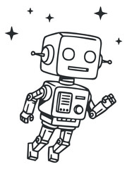 Fototapeta premium A cartoon robot astronaut floating in space with stars in a black and white outline vector style, ideal for children's book illustrations