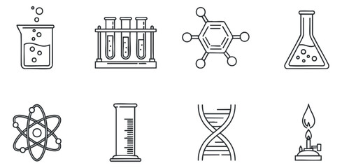 A collection of science and laboratory icons including beakers, test tubes, molecules, and DNA in minimalist outline vector style, suitable for educational materials and scientific presentations