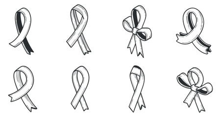 A collection of various ribbon designs in black and white outline vector style, perfect for awareness campaigns and charity events