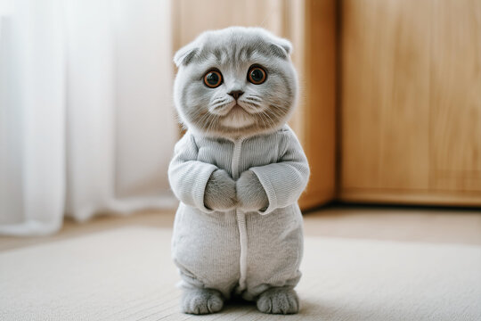 Cute baby kitten standing upright with paws folded looking at camera indoors. Small gray cat wearing cozy clothes posing in home interior with shy expression