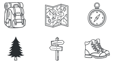 Fototapeta premium A collection of outdoor adventure icons featuring a backpack, map, compass, tree, signpost, and hiking boots in clean outline vector style, suitable for travel and exploration themes