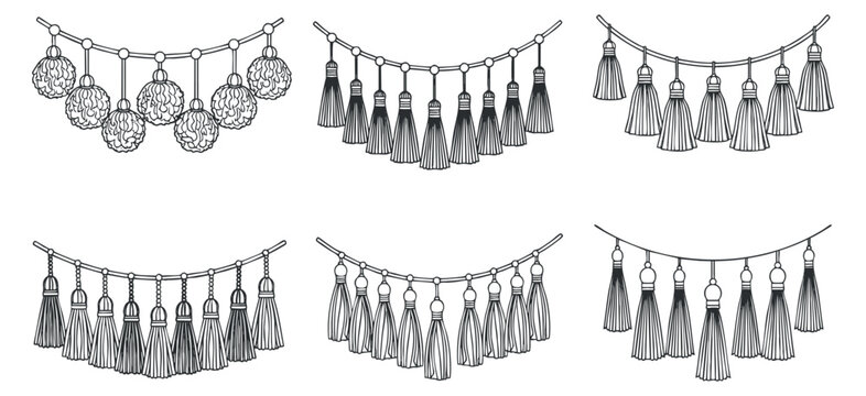 A collection of decorative garlands featuring tassels and ornaments in black and white minimalist vector style, ideal for party and event designs