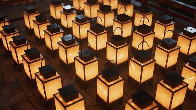 Rows of glowing lanterns on wooden floor