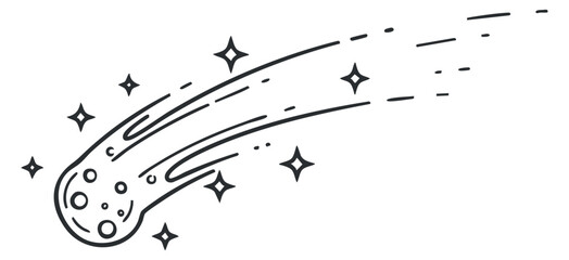 A comet with a trailing tail and sparkling stars in a minimalist outline vector style, ideal for space-themed designs