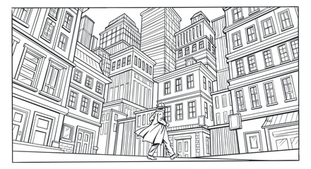 Fototapeta premium A minimalist outline illustration of a cityscape featuring tall buildings and a person walking in linear vector style, suitable for urban-themed designs