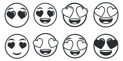 A collection of love-themed emojis featuring hearts in eyes, in a flat black and white vector style, ideal for social media and digital communication