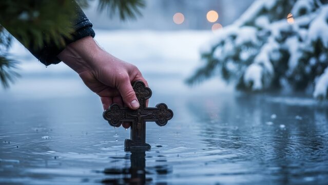 Hand holding a cross in freezing water, snowy trees background. Orthodox baptism ritual in winter. Male believer at sacred winter ritual.