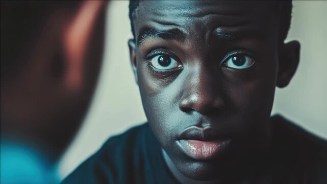 A candid portrait of a young African American male looking up with an intense gaze. His eyes are wide and his mouth is slightly open, giving an impression of sincerity and contemplation.