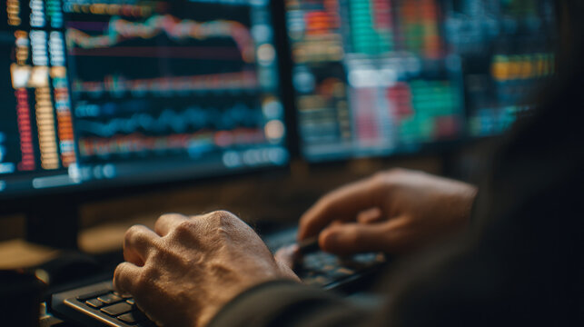 A person typing on a keyboard in front of multiple computer screens displaying stock market data and graphs - Powered by Adobe