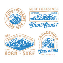Vintage Surfing Badges and Logos with Ocean Waves