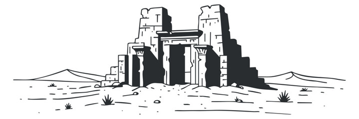 Fototapeta premium An ancient temple structure in a desert landscape, depicted in black and white outline vector style, suitable for historical illustrations.
