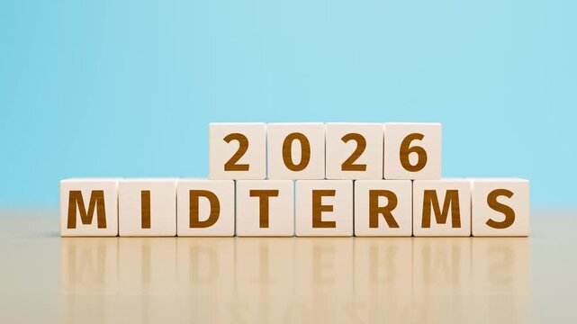 Wooden toy cubes forming the text "2026 MIDTERMS". Concept for the midterm elections in the year 2026 in the United States.