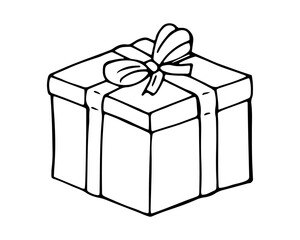 Hand drawn gift box with ribbon in simple sketch line style for celebration designs