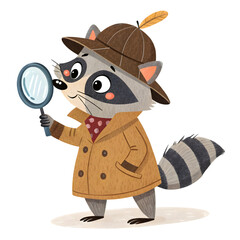 cute cartoon raccoon detective holding magnifyin on transparent background
