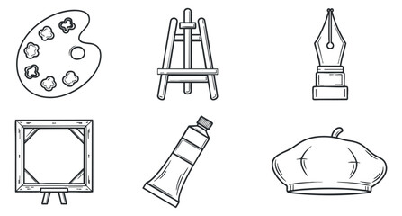 Fototapeta premium A collection of artistic tools including a palette, easel, paint tube, and beret in minimalist outline vector style, perfect for art-related projects