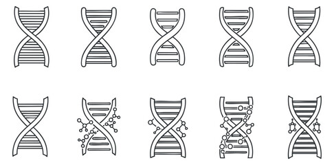A collection of DNA double helix icons in minimalist black and white vector style, suitable for scientific and educational projects