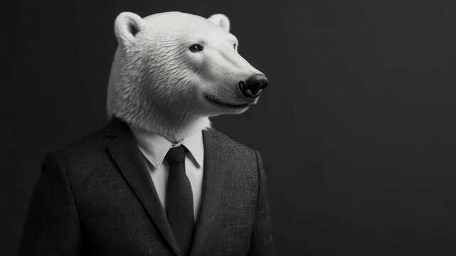 A polar bear wearing a suit and tie, dressed like a businessman for a creative and humorous advertising or corporate mascot.