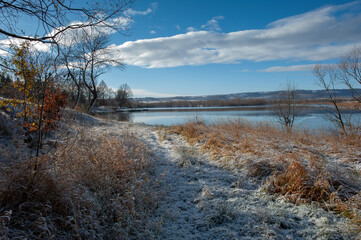 winter on the shore of a frozen lake on a sunny day