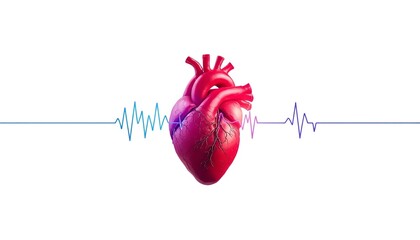 A medical illustration of a human heart with an electrocardiogram reading on a white background