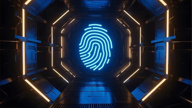 Futuristic corridor with fingerprint symbol