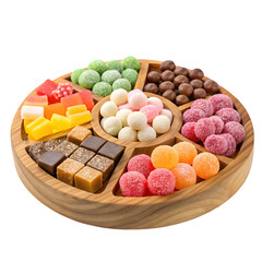 wooden serving tray filled with assorted  on transparent background