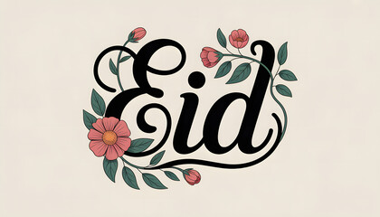 Beautiful Eid calligraphy adorned with a floral wreath, celebrating Islamic traditions and festive occasions with elegance and grace