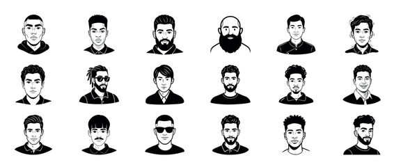 Fototapeta premium Diverse male avatars set featuring various hairstyles and facial hair styles