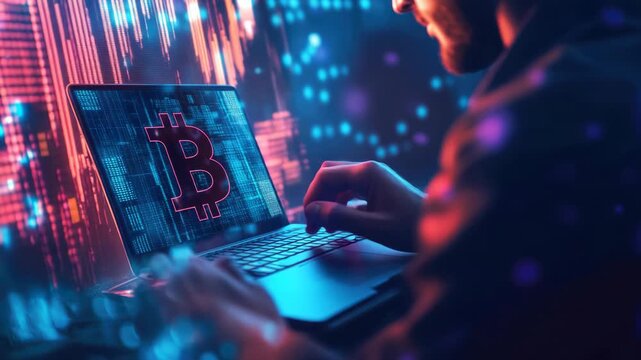 Man working on laptop with cryptocurrency symbols, in a room filled with digital assets and cybertech.