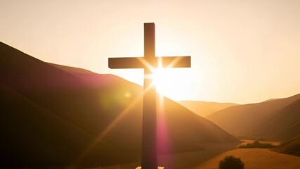Wooden cross silhouette at sunset in hill field landscape. Symbol of faith, hope, and sacrifice for Christian concept and spiritual journey.