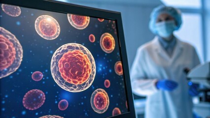 Scientist in lab coat observes digital display showing medical hologram of cell regeneration