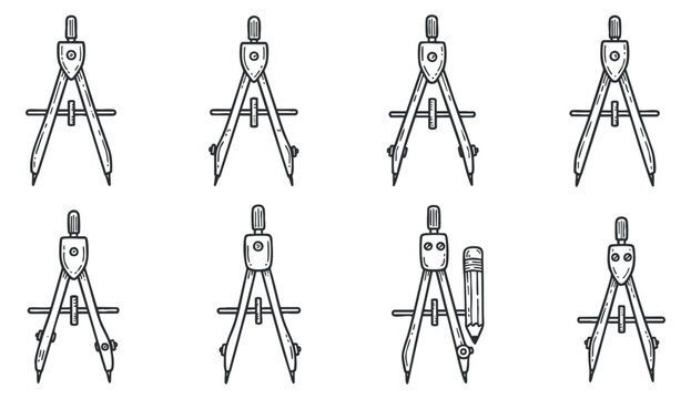 A set of drawing compasses and related tools in black and white outline vector style, ideal for educational and design projects