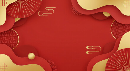 Red and Gold Chinese New Year Abstract Paper Cut Background with Decorative Patterns