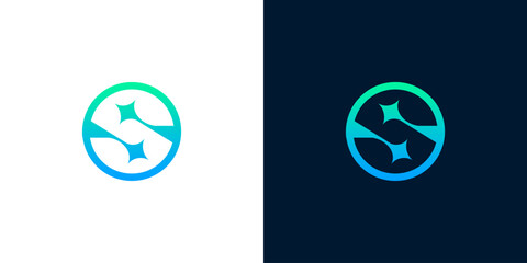 Abstract circular logo with stylized S shape and star elements in a gradient of blue and green © anello