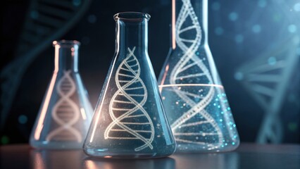 Glowing DNA strands in laboratory glassware create futuristic and scientific atmosphere