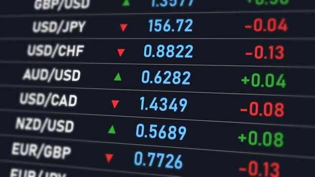 Currency Pairs Live Trading Dashboard with EUR USD GBP JPY Exchange Rates and Price Movement Arrows on Dark Financial Display Screen