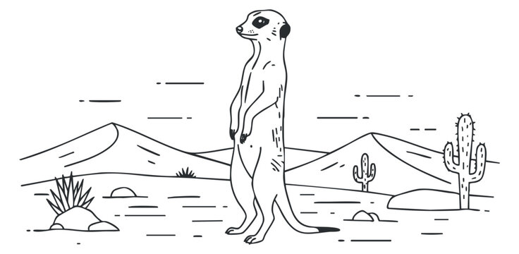 A standing meerkat in a minimalist line art vector style in a desert landscape, perfect for wildlife illustrations and nature-themed designs
