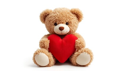 A cute teddy bear sitting with a red heart on a white background