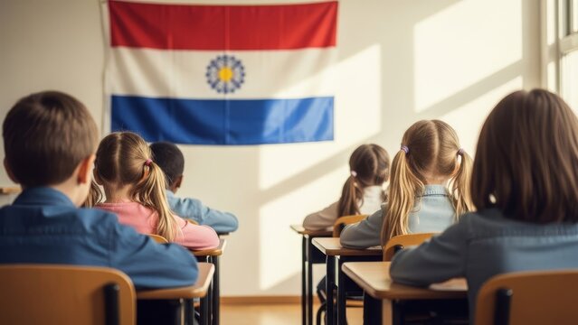 Young students in casual school clothes sit at desks in a classroom with a Paraguayan flag, facing forward.
