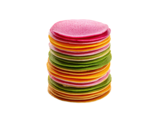 Stacked colorful round pancakes with pink orange green layers image