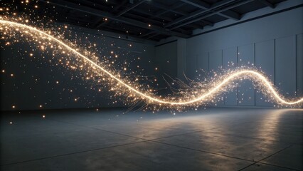 Glowing, sparkling particle ribbon flows gracefully in dimly lit, modern interior space, creating sense of wonder