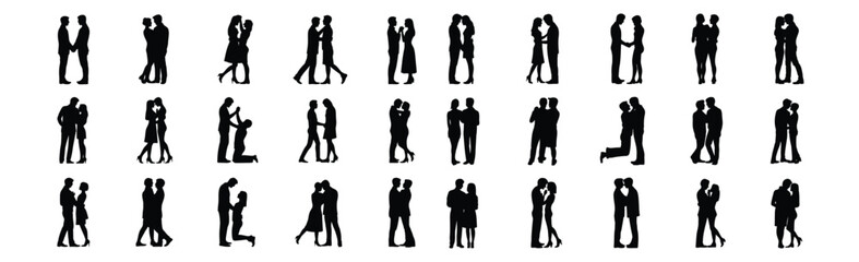 Valentine Large set of black silhouettes of couples in various romantic poses like proposing, dancing, and hugging, minimalist vector graphics for wedding and dating designs.