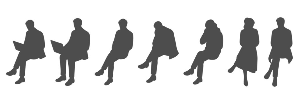 Top view CAD drawing of seated people silhouette with detailed body positioning- arms resting on lap or extended, leaning forward or back, crossed legs, bent elbows, Vector illustration