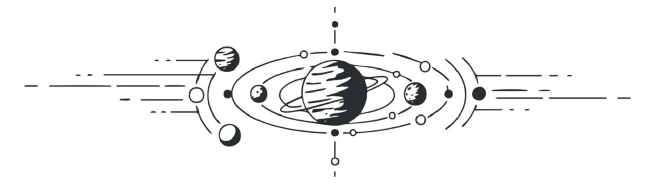 A collection of planets and celestial bodies in black and white vector style, suitable for educational materials and space-themed designs