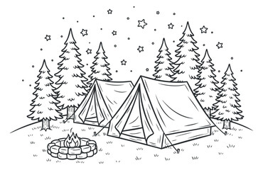 A camping scene with two tents and a campfire surrounded by pine trees in black and white vector style, perfect for outdoor adventure themes