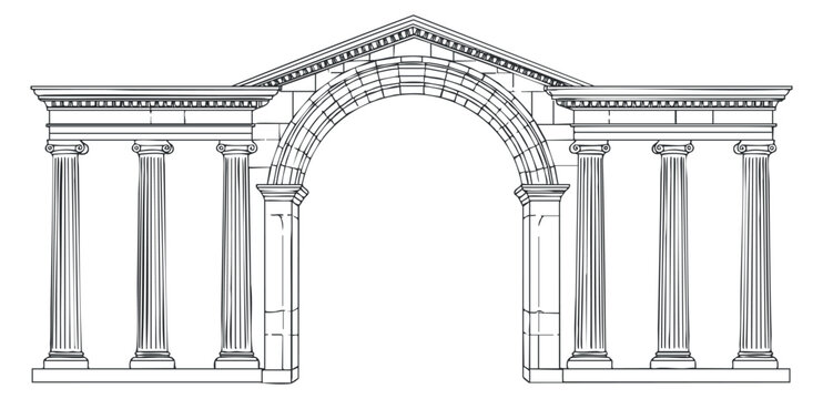 A classic architectural archway with columns and detailed design in black and white outline vector style, suitable for educational and historical projects