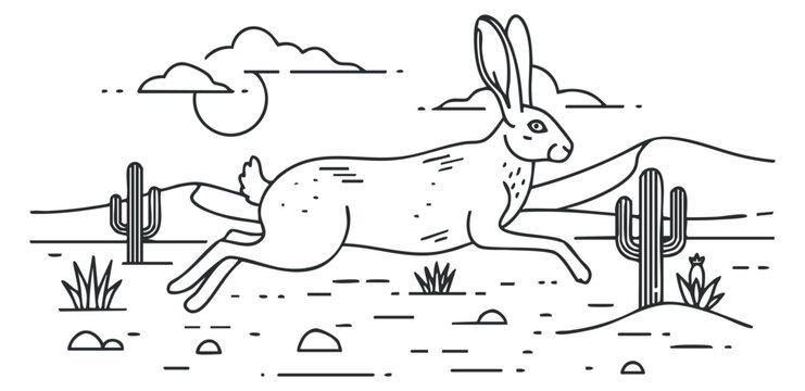 A running rabbit in a minimalist outline vector style with desert landscape and cacti, ideal for nature-themed designs
