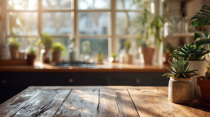 A wooden table with potted plants on a windowsill in a bright room