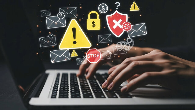 Person typing on laptop with security icons and warning signs floating above keyboard in dark background with cyber security and online protection and technology with hacking - Powered by Adobe